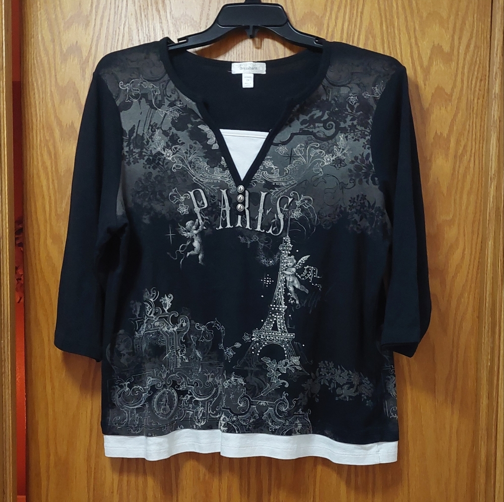 Womens Dress Barn Black Paris Graphic Women's Top  2X